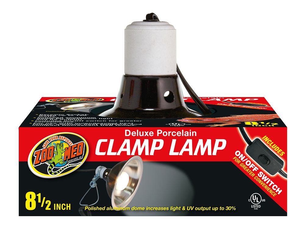 8.5 in Zoo Med Deluxe Porcelain Clamp Lamp. Includes on/off switch for greater convenience. 8.5 inch Polished aluminim dome increases light & UV output up to 30%.