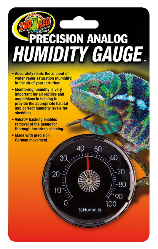 Zoo Med Precision Analog Humidity Gauge. Accurately reads the ammount of water vapor saturation (humidity) in the air of your terrarium. Monitoring humidity is very important for all reptiles and amphibians in helping to provide the appropriate habitat and correct humidity levels for shedding. Velcro backing enables removal of the gauge for through terrarium cleaning. Made with precision German movement.