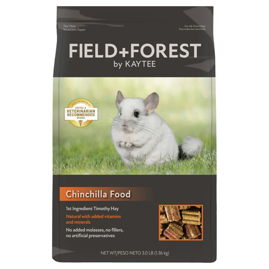 Field+Forest by Kaytee Chinchilla Food. 1st Ingredient Timothy Hay. Natural with added vitamins and minerals. No added molasses, no fillers, no artificial preservatives.