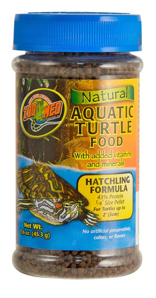 Hatchling / 1.6 oz Zoo Med Natural Aquatic Turtle Food With added vitamins and minerals. Hatchling Formula 43% Protein 1/8" Size Pellet For Turtles up to 2" (5cm). no Artificial preservatives, colors, or flavors/ Net Wt. 1.6 oz. (45.3 g)