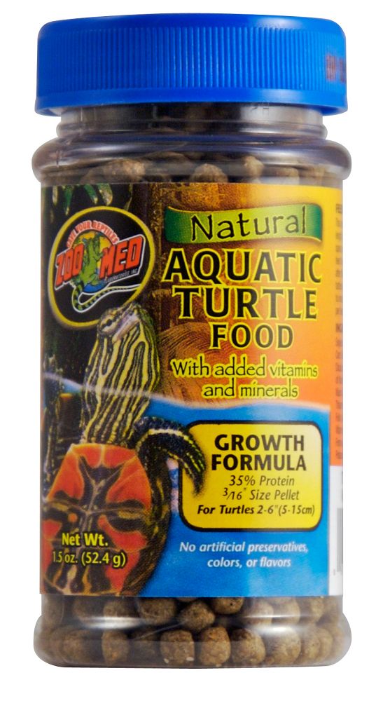 Growth / 1.5 oz Zoo Med Natural Aquatic Turtle Food Wiyj added vitamins and minerals. Growth Formula 35% Protein 3/16" Size Pellet For Turtles 2-6"(5-15cm). No Artificial preservatives, colors, or flavors. Net Wt. 1.5 oz. (52.4 g)