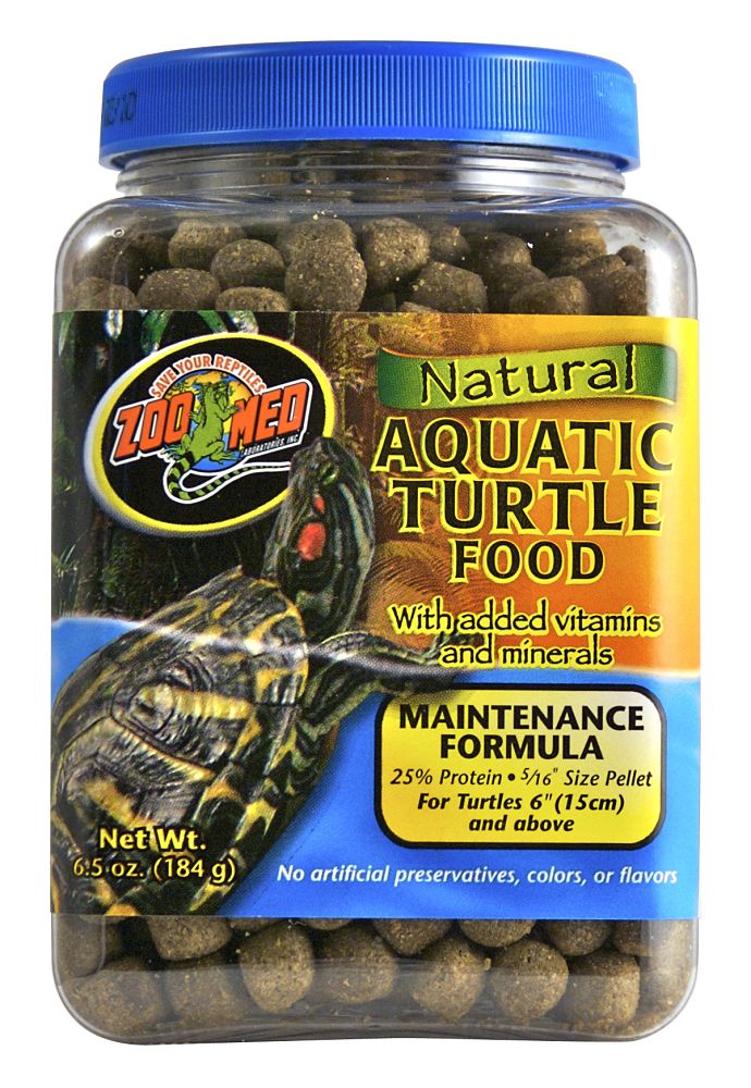 Maintenance / 6.5 oz Zoo Med Natural Aquatic Turtle Food With added vitamins and minerals. Maintenance Formula 25% Protein 5/16" Size Pellet For Turtles 6" (15 cm) and above. No artificial preservatives, colors, or flavors. Net Wt. 6.5 oz. (184 g)