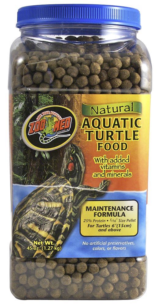 Maintenance / 45 oz Zoo Med Natural Aquatic Turtle Food With added vitamins and minerals. Maintenance Formula 25% Protein 5/16" Size Pellet For Turtles 6" (15 cm) and above. No artificial preservatives, colors, or flavors. Net Wt. 45 oz. (1.27 kg)