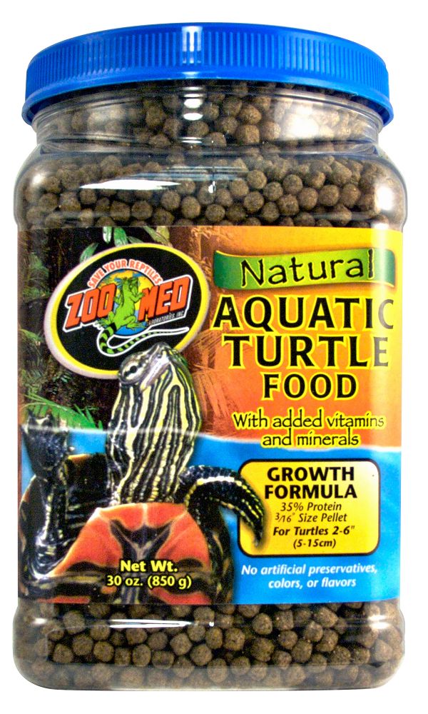Zoo Med Natural Aquatic Turtle Food With added vitamins and minerals. Growth Formula 35% Protein 3/16" Size Pellet For Turtles 2-6" (5-15 cm) . No artificial preservatives, colors, or flavors. Net Wt. 30 oz. (850 g)