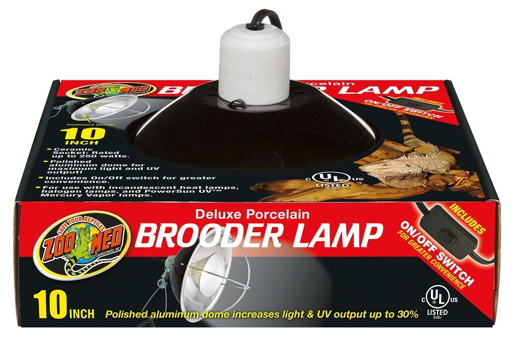 10 in Zoo Med Deluxe Porcelain Brooder Lamp. Includes on/off switch for greater convenience. 10 inch Polished aluminim dome increases light & UV output up to 30%.