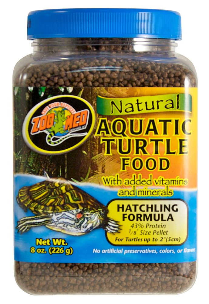 Hatchling / 8 oz Zoo Med Natural Aquatic Turtle Food With added vitamins and minerals. Hatchling Formula 43% Protein 1/8" Size Pellet For Turtles up to 2" (5 cm) no artificial preservatives, colors, or flavors. Net Wt. 8 oz. (226 g)