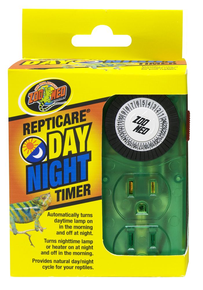 Zoo Med ReptiCare Day & Night Timer. Automatically turns daytime lamp on in the morning and off at night. Turns nighttime lamp or heater on at night and off in the morning. Provides natural day/night cycle for your reptiles. 