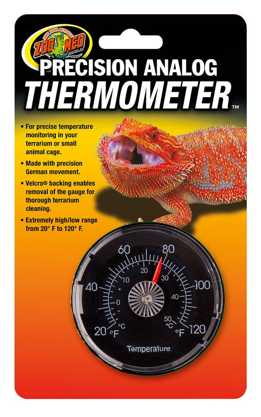 Zoo Med Precision Analog Thermometer. For precise temperature monitering in your terrarium or small animal cage. Made with precision German movement. Velcro backing enables removal of the gauge for thorough terrarium cleaning. Ectremely high/low range from 20 dgrees F to 120 degrees F.