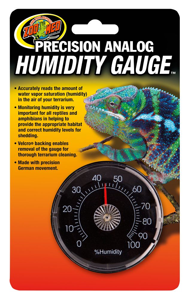 Zoo Med Precision Analog Humidity Gauge. Accurately reads the ammount of water vapor saturation (humidity) in the air of your terrarium. Monitoring humidity is very important for all reptiles and amphibians in helping to provide the appropriate habitat and correct humidity levels for shedding. Velcro backing enables removal of the gauge for through terrarium cleaning. Made with precision German movement.