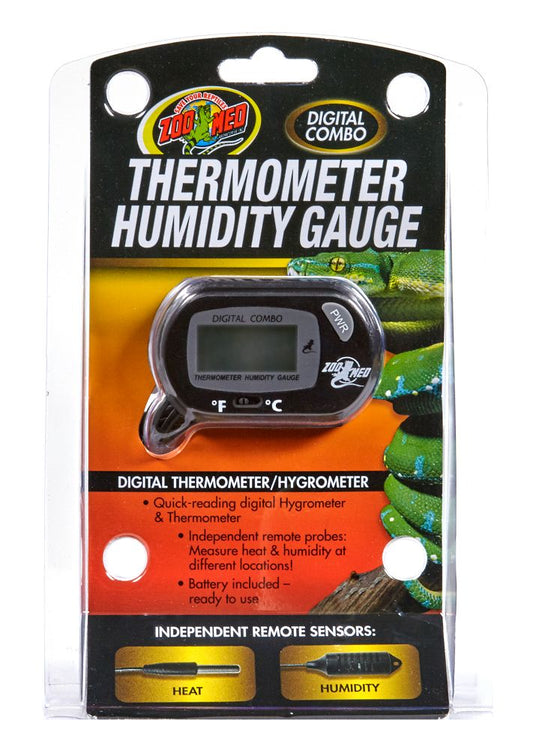 Zoo Med Digital Combo Thermometer/Humidity Gauge. Digital Thermometer/Hygrometer. Quick-reading digital Hygrometer & Thermometer. Independant remote probes: Measure heat & Humidity at different locations! Battery included - ready to use. independant Remote Sensors: Heat & Humidity