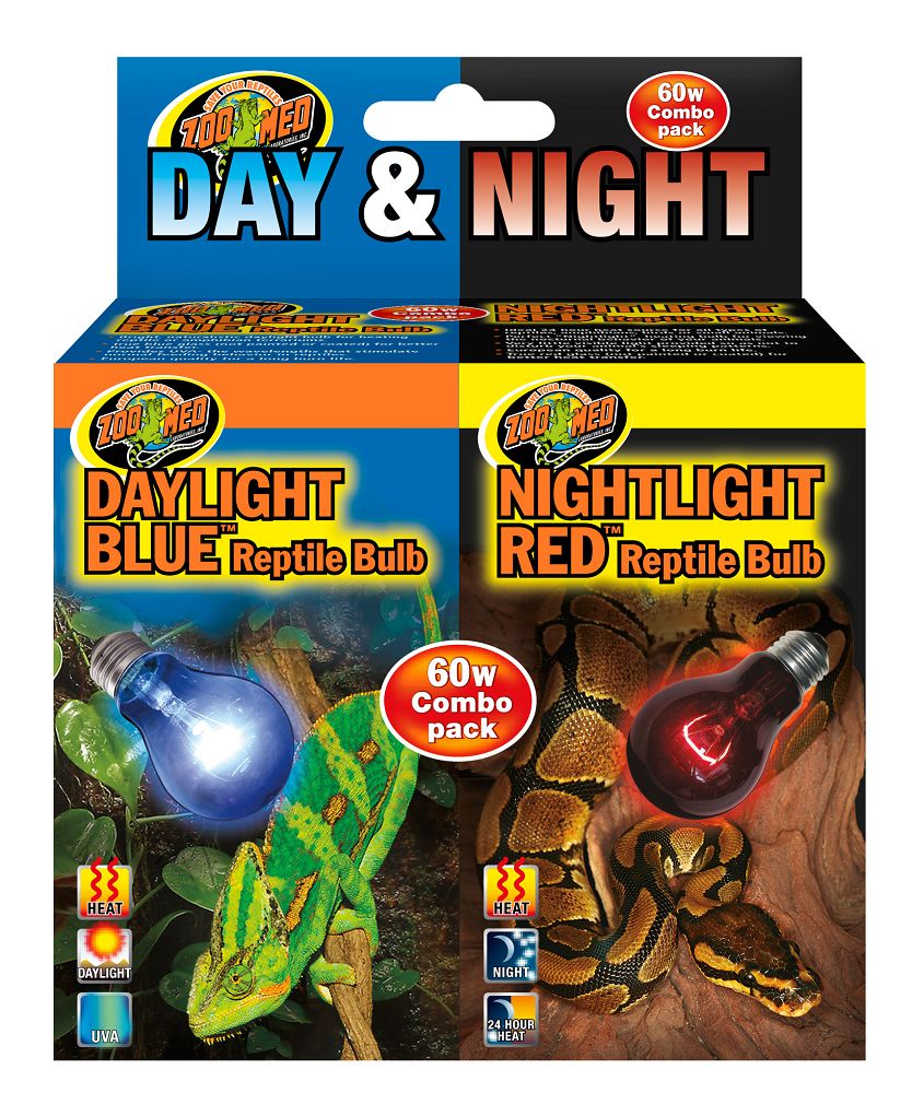 Zoo Med Day & Night 60w Combo pack. Daylight Blue Reptile Bulb. Nightlight Red Reptile Bulb. 60w Combo pack. Heat Daylight UVA. Heat Night 24 Hour Heat.