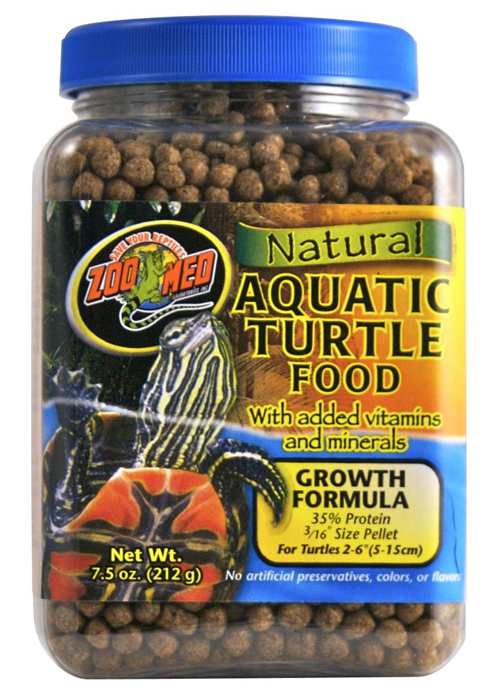 Growth / 7.5 oz Zoo Med Natural Aquatic Turtle Food With added vitamins and minerals. Growth Formula 35% Protein 3/16" Size Pellet For Turtles 2-6" (5-15 cm) . No artificial preservatives, colors, or flavors. Net Wt. 7.5 oz. (212 g)