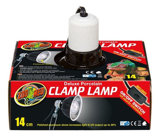 Zoo Med Deluxe Porcelain Clamp Lamp. Includes on/off switch for greater convenience. 14cm Polished aluminim dome increases light & UV output up to 30%.