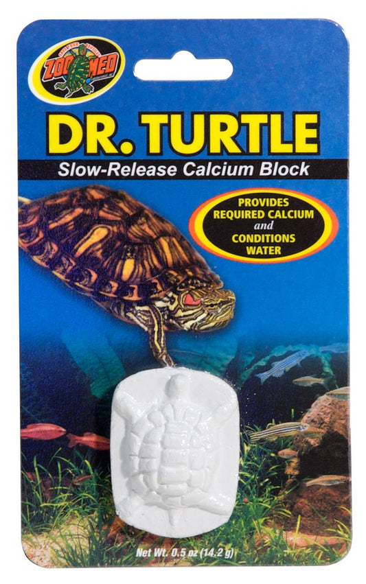 Zoo Med Dr. Turtle Slow-Release Calcium Block. Provides Required calcium and conditions water. Net Wt. 0.5 oz (14.2 g)