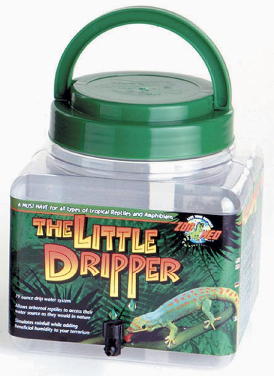 Zoo Med The Little Dripper. Must Have for all Types of tropical Reptiles and Amphibians. 70 ounce drip water system. Allows arboreal reptiles to access their water source as they would in nature. Simulates rainfall while adding beneficial humidity to your terrariums.