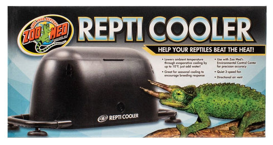 Zoo Med Repti Cooler. Help your reptiles beat the heat! Lowers ambient temperature through evaporative cooling by up to 10 degrees F, just add water! Great for seasonal cooling to encourage breeding responce. Use with Zoo Med's Enviormental Control Center for percision accuracy. Quiet 3-speed fan. Directional air vent. 