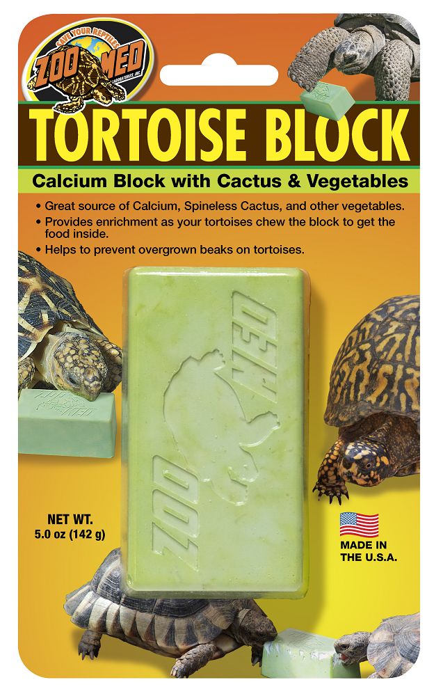 Zoo Med Tortoise Block Calcium Block with Cactus & Vegetables. Great source of Calcium, Spineless Cactus, and other vegetables. Provides enrichment as your tortoises chew the block to get the food inside. Helps to prevent overgrown beaks on tortoises. NET WT. 5.0 oz (142 g) MADE IN THE U.S.A.