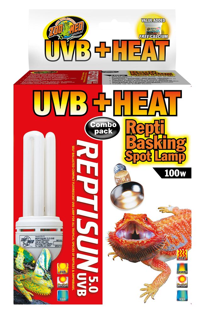 Zoo Med UVB + Heat Combo Pack. Reptisun 5.0 UVB. UVB, Daylight, UVA. Repti Basking Spot Lamp 100w. Heat, Basking, Daylight, UVA. Value Added Free Calcium. 