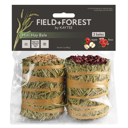 Field+Forest by Kaytee. Mini Hay Bale. 2 Bales. Apple Rose. Less Mess, Made with All Natural Timothy Hay, High Fiber. Net Wt 7 oz(198 g) For All Rabbits (4 weeks & older), Guinea Pigs, and Chinchillas.