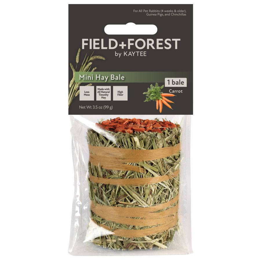 Field+Forest by Kaytee. Mini Hay Bale 1 bale with Carrot. Less Mess, Made with All Natural Timothy Hay, High Fiber. Net Wt 3.5 oz (99 g) For All Pet Rabbits (4 weeks & older), Guinea Pigs, and Chinchillas.