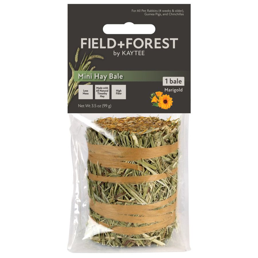Field+Forest by Kaytee. Mini Hay Bale 1 bale with Marigold. Less Mess, Made with All Natural Timothy Hay, High Fiber. For All Pet Rabbits (4 weeks & older), Guinea Pigs, and Chinchillas.