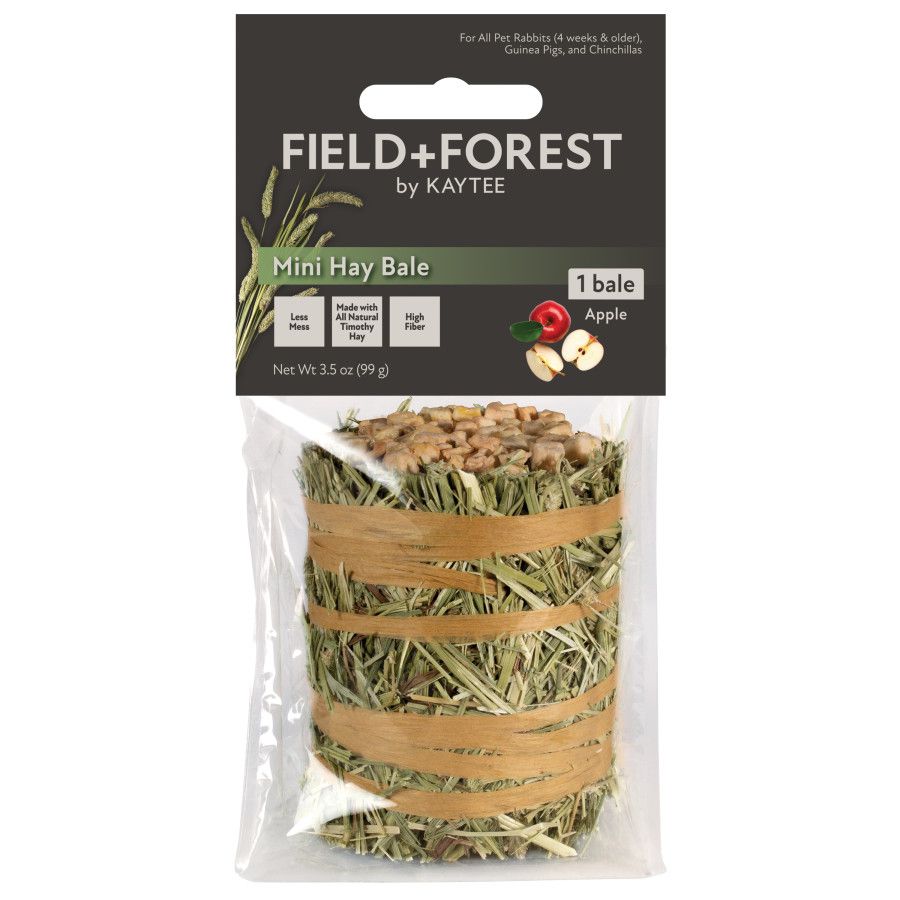 Field+Forest by Kaytee. Mini Hay Bale 1 bale with apple. Less Mess, made with All Natural Timothy Hay, High Fiber. Net Wt 3.5 oz (99 g) For All Pet Rabbits (4 weeks & older), Guinea Pigs, and Chinchillas