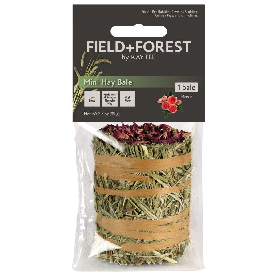 Field+Forest by Kaytee. Mini Hay Bale 1 bale with Rose. Less Mess, Made with All Natural Timothy Hay, High Fiber. Net Wt 3.5 oz (99 g) For All Pet Rabbits (4 weeks & older), Guinea Pigs, and Chinchillas