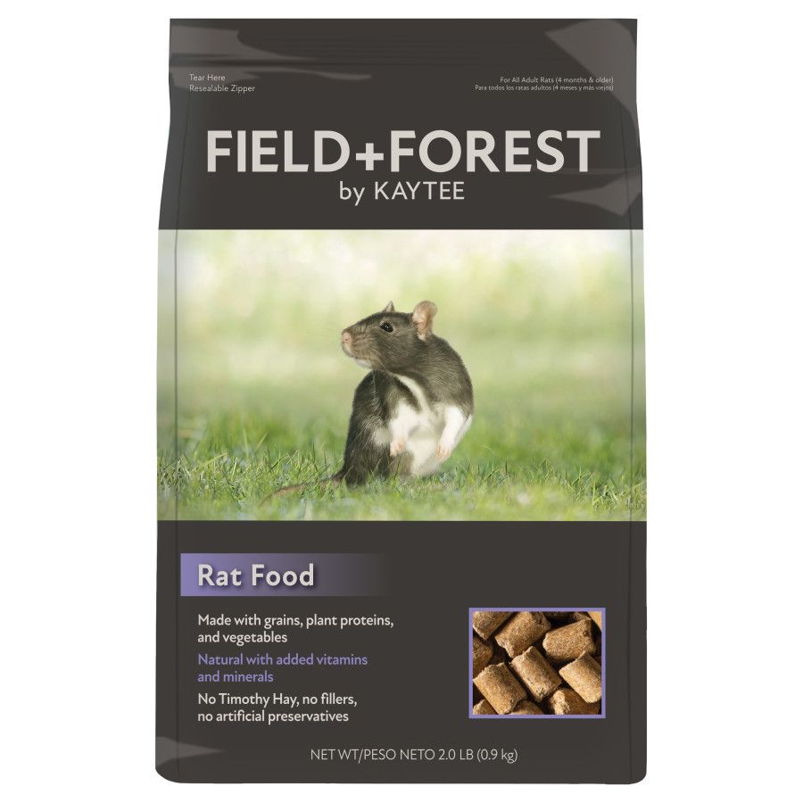 Field+Forest by Kaytee Rat Food. Made with grains, plant proteins, and vegetables. Natural with added vitamins and minerals. No Timmothy Hay, no fillers, no artificial preservatives.