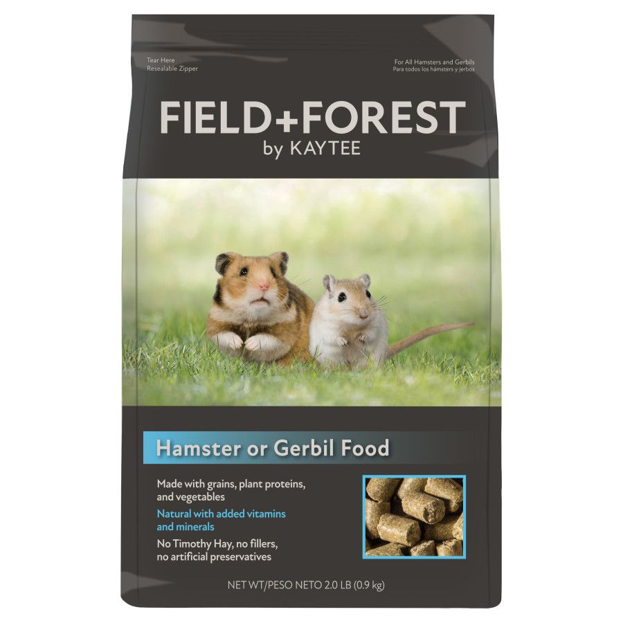 Field+Forest by Kaytee Hamster or Gerbil Food. Made with grains, plant proteins, and vegetables. Natural with added vitamins and minerals. No Timothy Hay, no fillers, no artificial preservatives