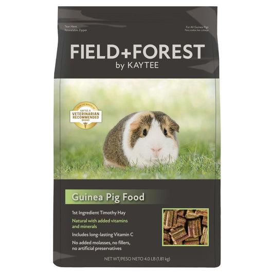 Field+Forest by Kaytee Guinea Pig Food. 1st Ingredients Timothy Hay. Natural with added vitamins and minerals. Includes long-lasting Vitamin C. No added molasses, no fillers, no artificial preservatives.