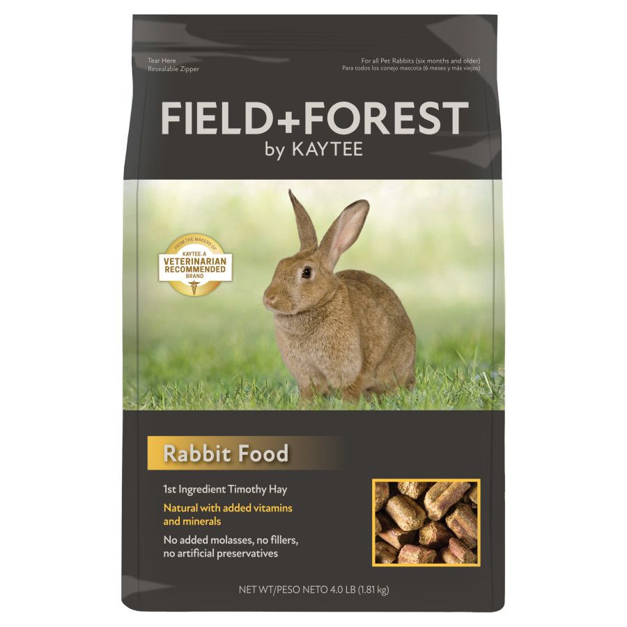 Field+Forest by Kaytee Rabbit Food. 1st Ingredient Timothy Hay. Natural with added vitamins and minerals. No added molases, no fillers, no artificial preservatives.
