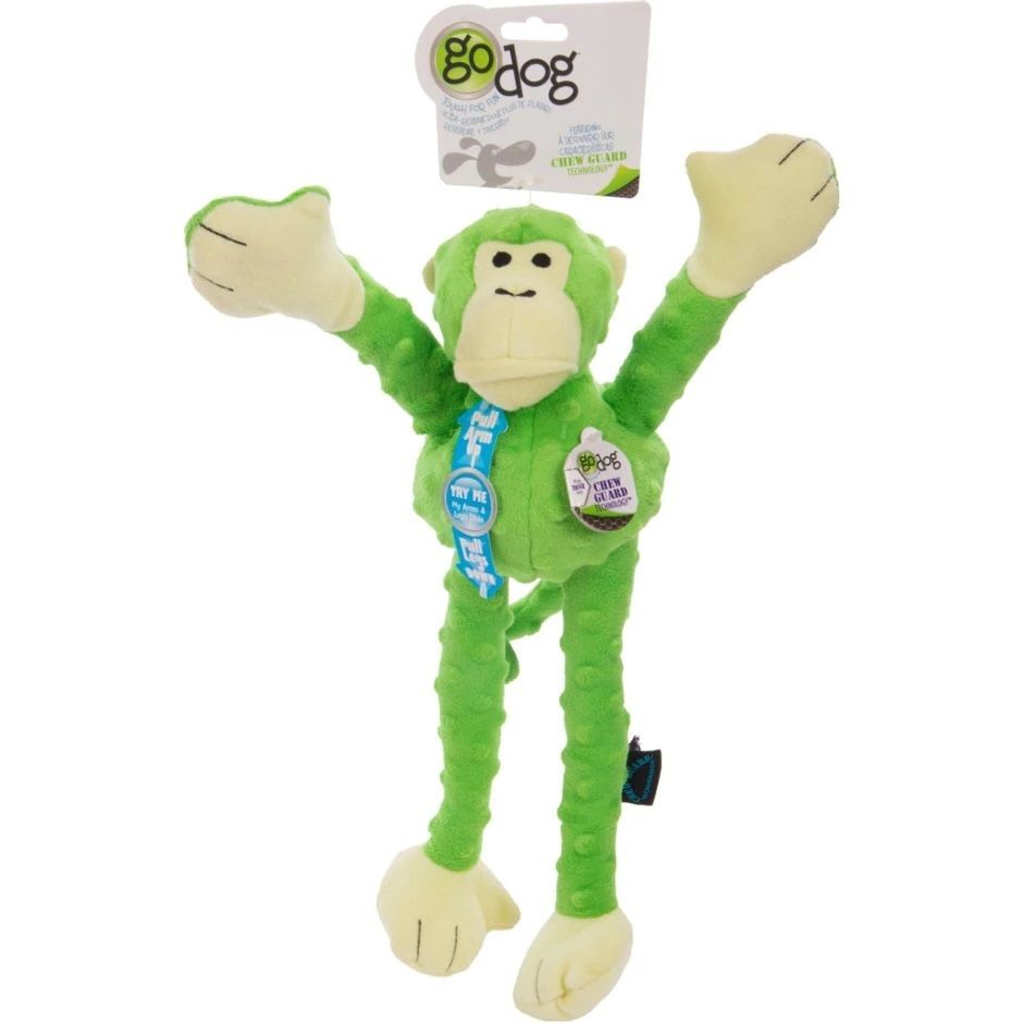 GoDog Crazy Tugs Monkey Chew Guard Squeaky Plush Dog Toy, Large