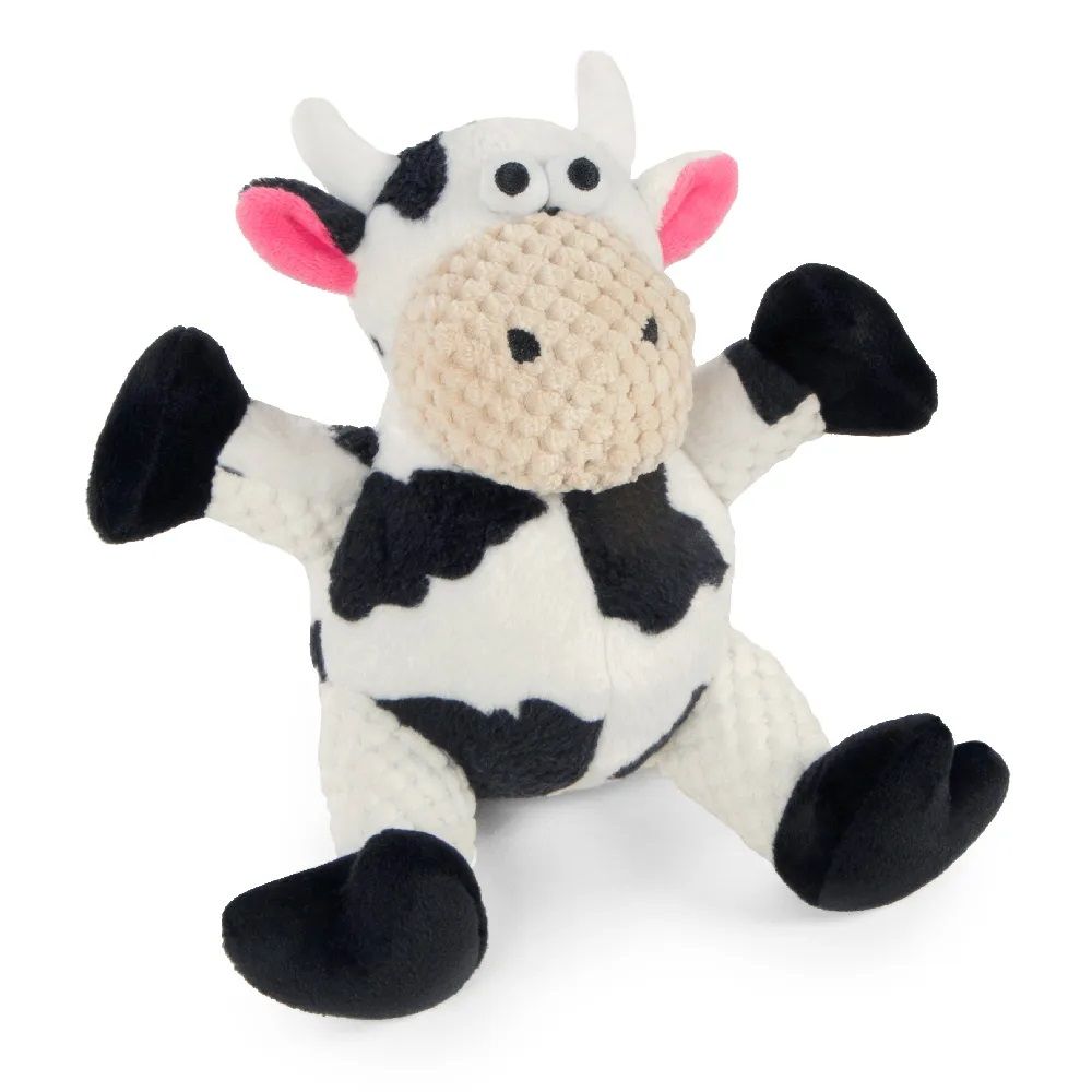 GoDog Checkers Sitting Cow Chew Guard Squeaky Plush Dog Toy, Small