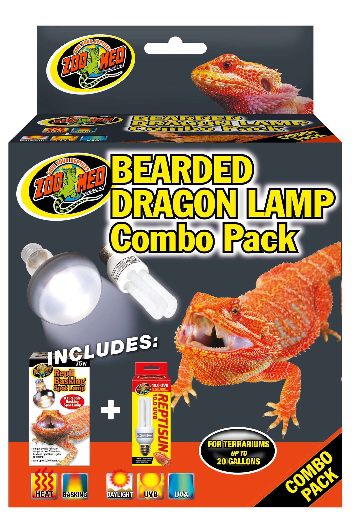 Zoo Med Bearded Dragon Lamp Combo Pack. Heat, UVB, Basking. Includes Repti Basking Spot Lamp and ReptiSun 10.0 UVB. For Terrariums up tp 20 gallons.Combo Pack