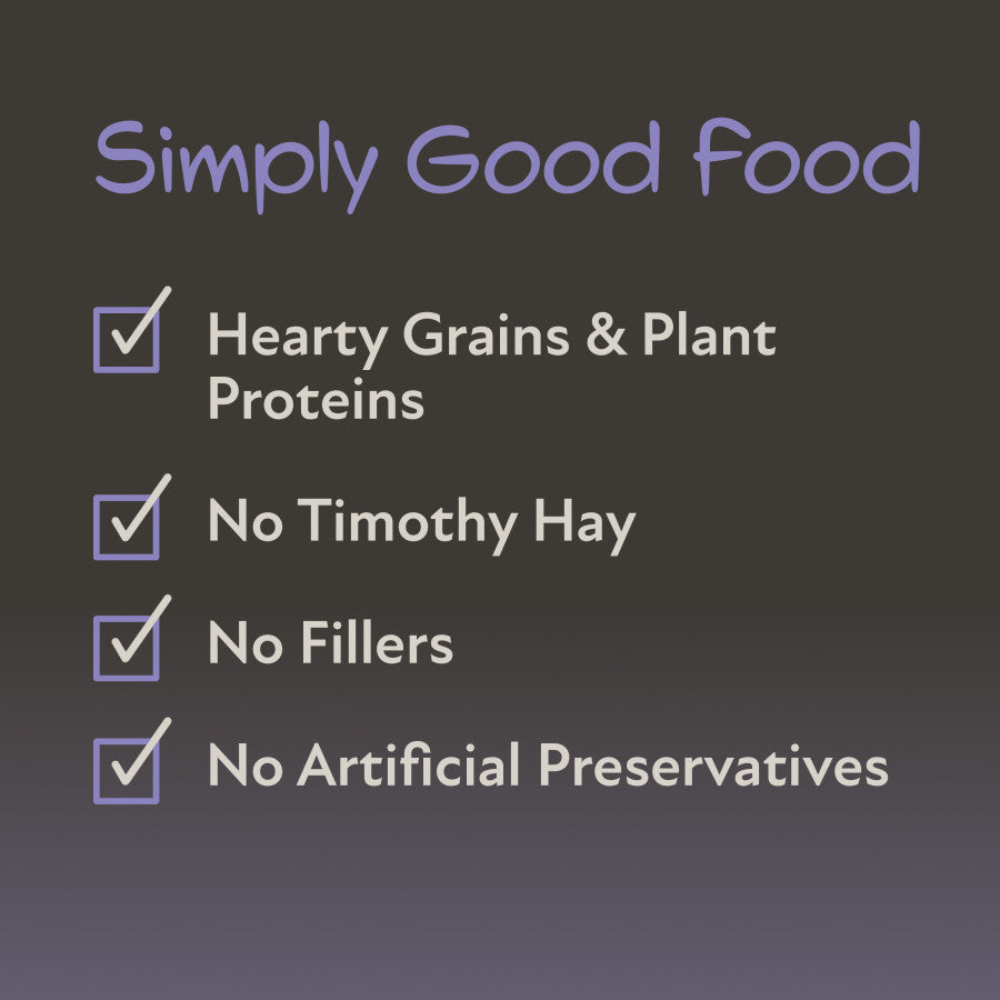 Simply Good Food. Hearty Grains & Plant Proteins. No timothy Hay. No Fillers. No Artificial Preservatives.