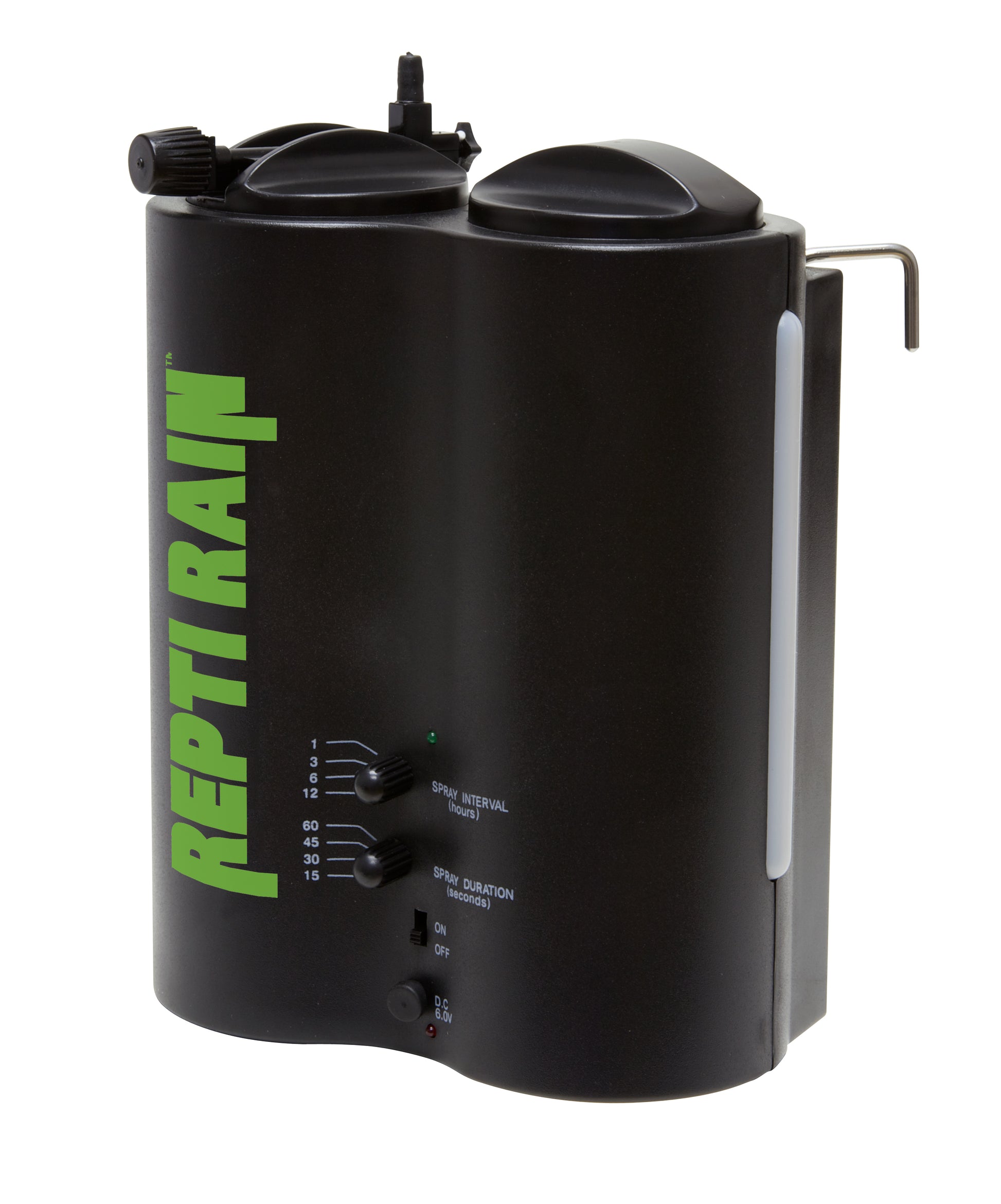 Repti Rain Unit. Spray interval (hours) 1, 3, 6, 12. Spray Duration (Seconds) 60, 45, 30, 15. On/Off Switch. DC input. Indication Light.