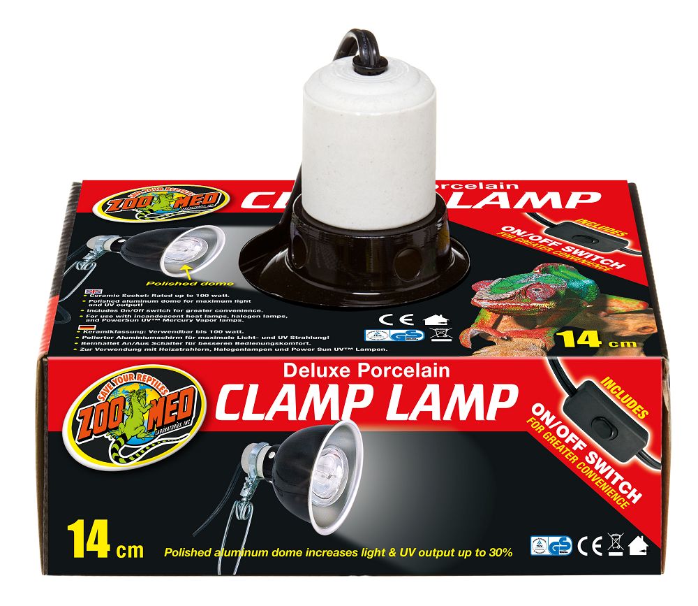 5.5 in Zoo Med Deluxe Porcelain Clamp Lamp. Includes on/off switch for greater convenience. 14cm Polished aluminim dome increases light & UV output up to 30%.
