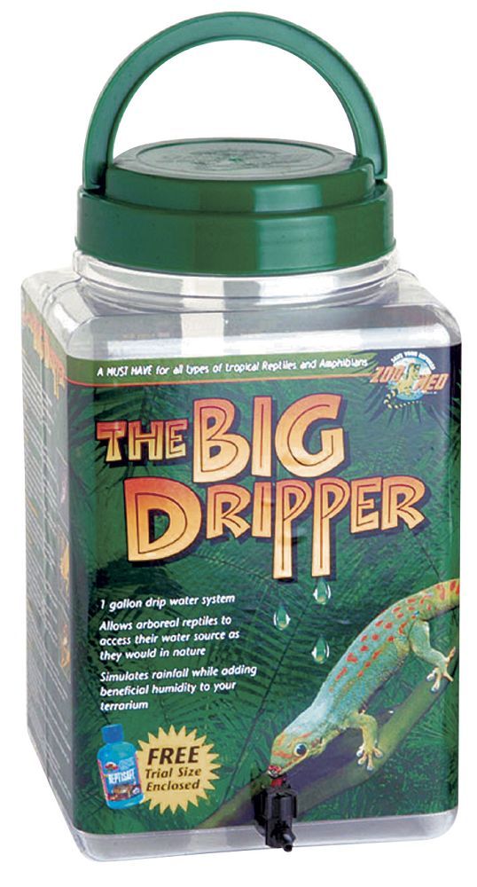 Big Zoo Med The Little Dripper. Must Have for all Types of tropical Reptiles and Amphibians. 1 gallon drip water system. Allows arboreal reptiles to access their water source as they would in nature. Simulates rainfall while adding beneficial humidity to your terrariums. Free trial size enclosed ReptiSafe.